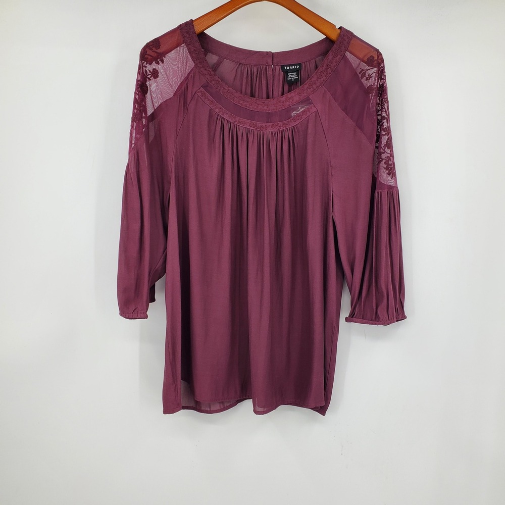 NWT Torrid Dusty Plum Crepe Embroidered Mesh Shirt 2X Purple Peasant Whimsigoth